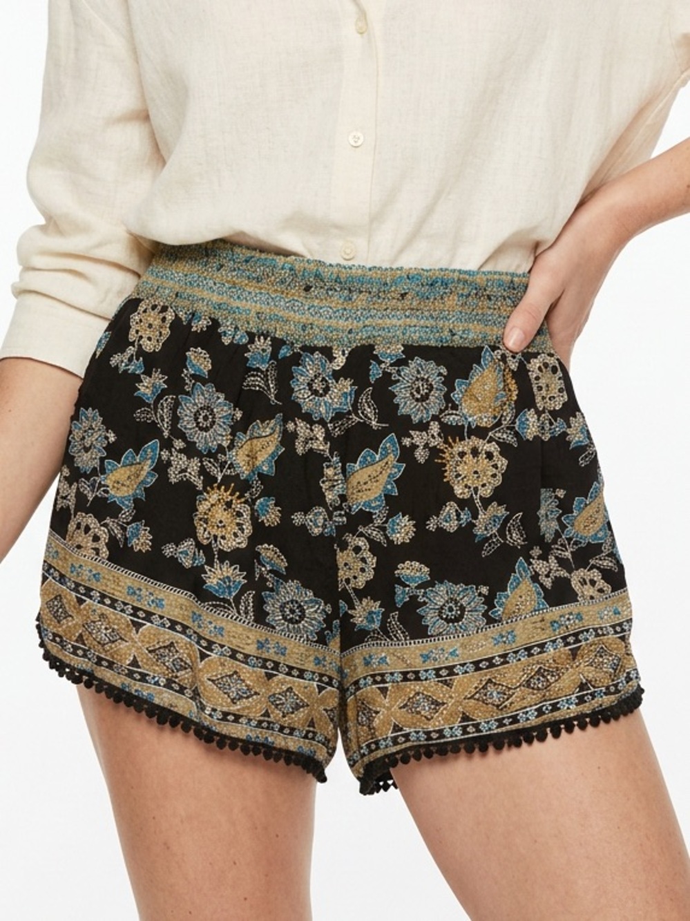 BLUE RAIN | NEW Smocked Waist Floral Print Black Boho Shorts Women’s Size Large